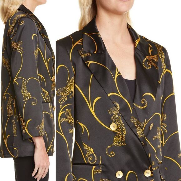 (NWT) L’AGENCE Taryn Leopard Silk Blazer evening jacket black gold (Size 10) - Picture 3 of 6
